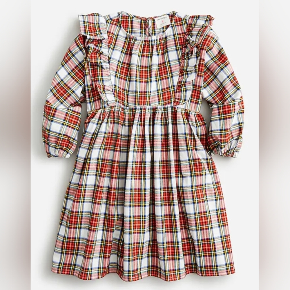 J. Crew Crewcuts Long Sleeve Ruffle Shoulder Dress Snowy Stewart Tartan 10